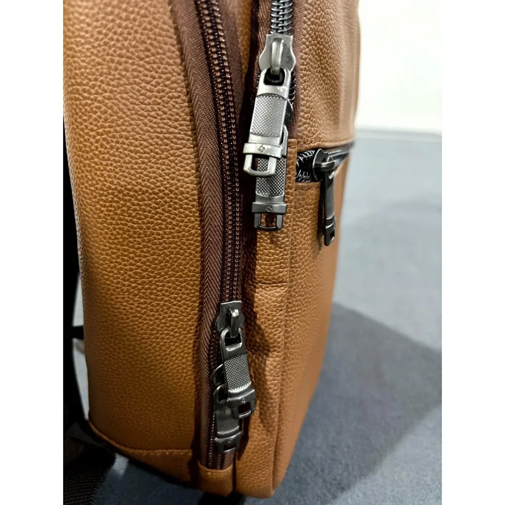Samsonite Unisex Slim Backpack Brown Cognac Grain Leather Padded Mesh Back